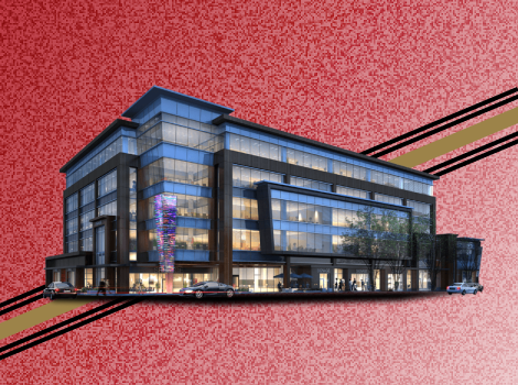 Image of a commercial building in a red gradient background